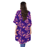 Purple Tropical Hawaiian Pattern Print Open Front Beach Cover Up