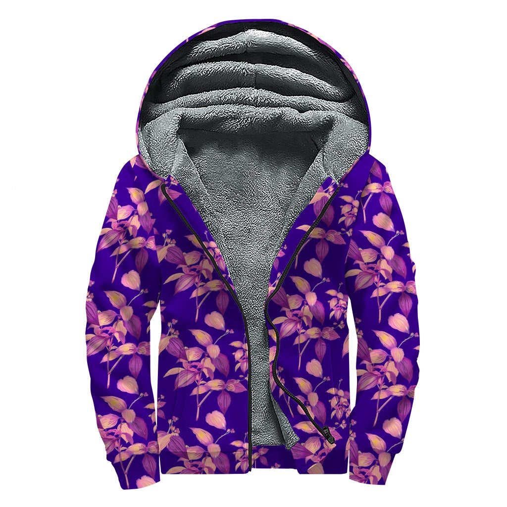 Purple Tropical Hawaiian Pattern Print Sherpa Lined Zip Up Hoodie