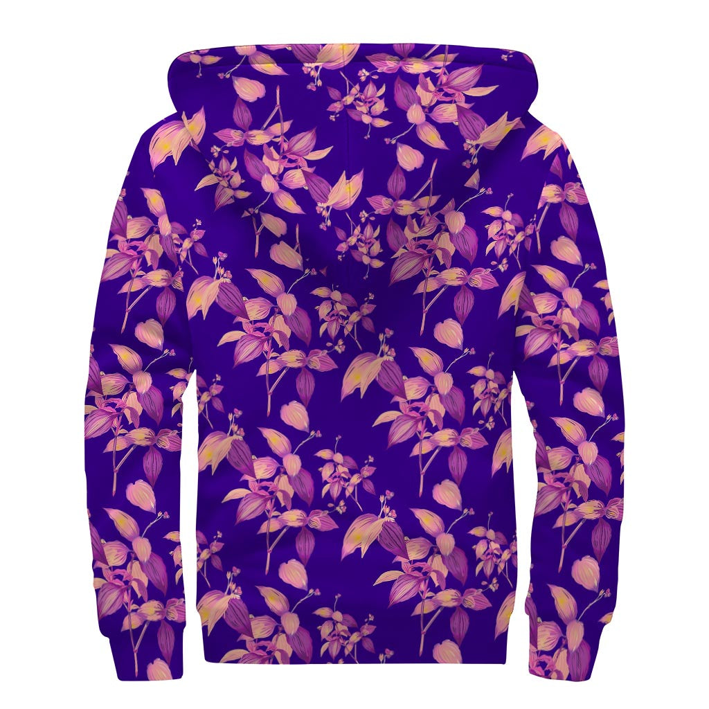 Purple Tropical Hawaiian Pattern Print Sherpa Lined Zip Up Hoodie