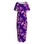 Purple Tropical Hawaiian Pattern Print Short Sleeve Long Nightdress