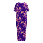 Purple Tropical Hawaiian Pattern Print Short Sleeve Long Nightdress