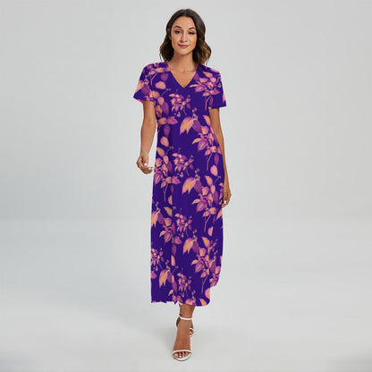 Purple Tropical Hawaiian Pattern Print Short Sleeve Maxi Dress