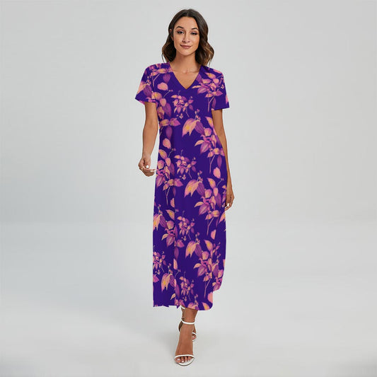 Purple Tropical Hawaiian Pattern Print Short Sleeve Maxi Dress