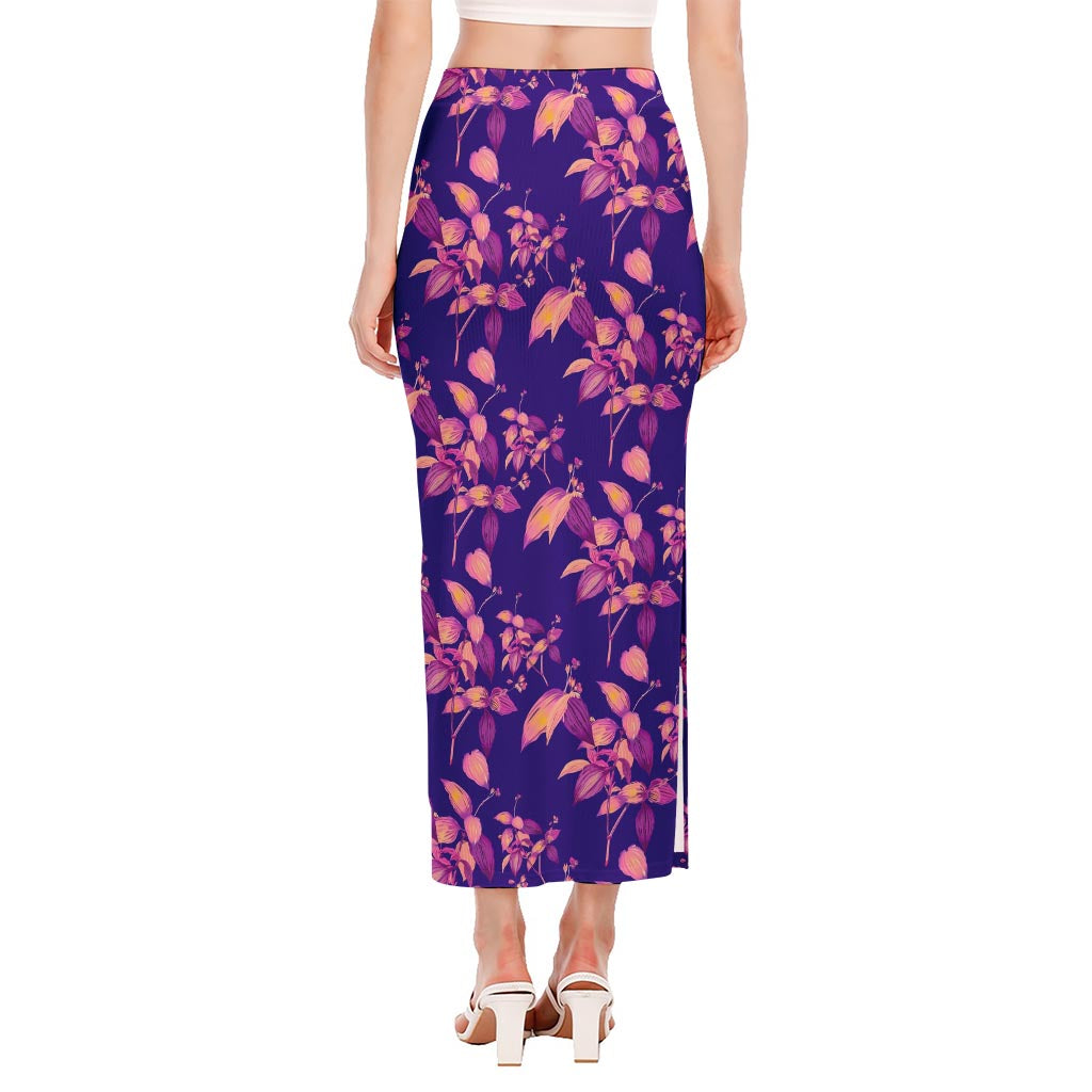 Purple Tropical Hawaiian Pattern Print Side Slit Maxi Skirt