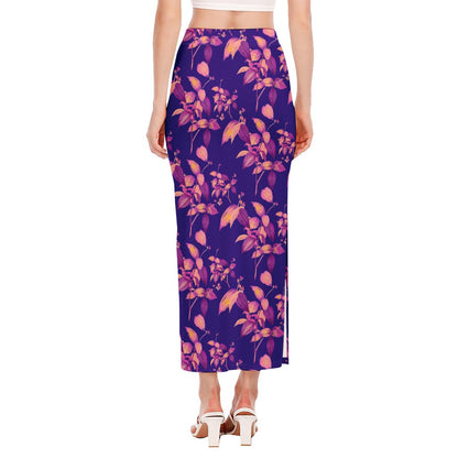 Purple Tropical Hawaiian Pattern Print Side Slit Maxi Skirt