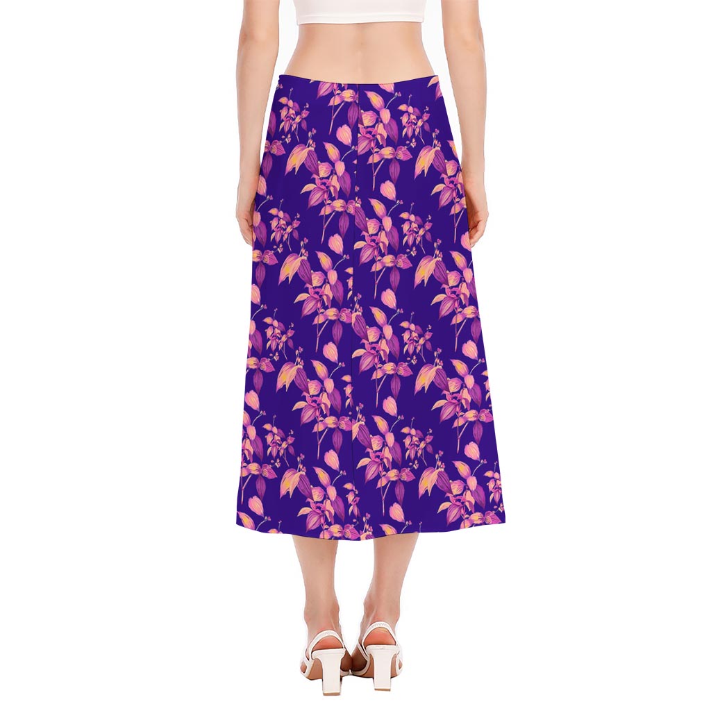 Purple Tropical Hawaiian Pattern Print Side Slit Midi Skirt