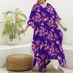 Purple Tropical Hawaiian Pattern Print Silk V-Neck Kaftan Dress