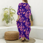 Purple Tropical Hawaiian Pattern Print Silk V-Neck Kaftan Dress