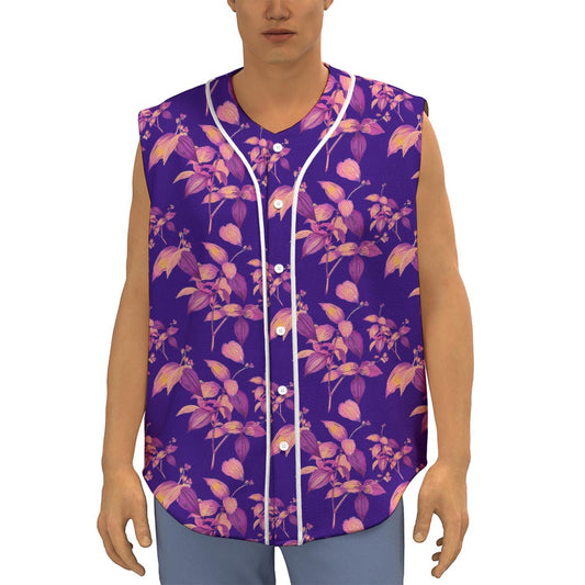 Purple Tropical Hawaiian Pattern Print Sleeveless Baseball Jersey