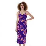 Purple Tropical Hawaiian Pattern Print Slim Fit Midi Cami Dress