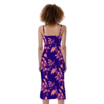 Purple Tropical Hawaiian Pattern Print Slim Fit Midi Cami Dress
