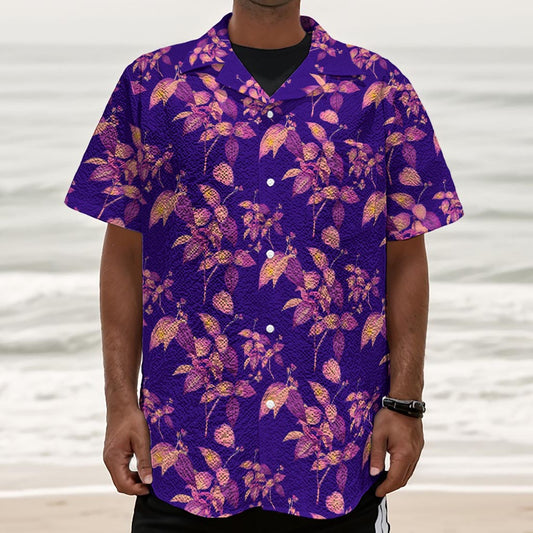 Purple Tropical Hawaiian Pattern Print Textured Short Sleeve Shirt