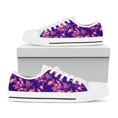 Purple Tropical Hawaiian Pattern Print White Low Top Sneakers