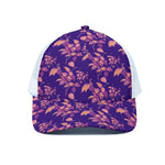Purple Tropical Hawaiian Pattern Print White Mesh Trucker Cap