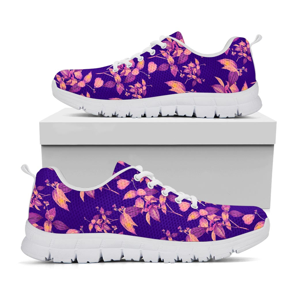 Purple Tropical Hawaiian Pattern Print White Running Shoes