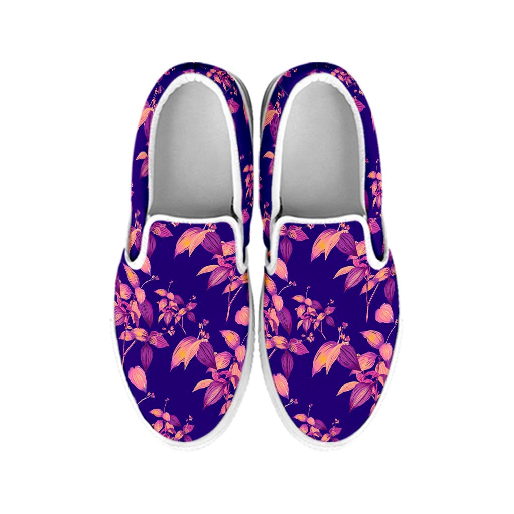 Purple Tropical Hawaiian Pattern Print White Slip On Sneakers