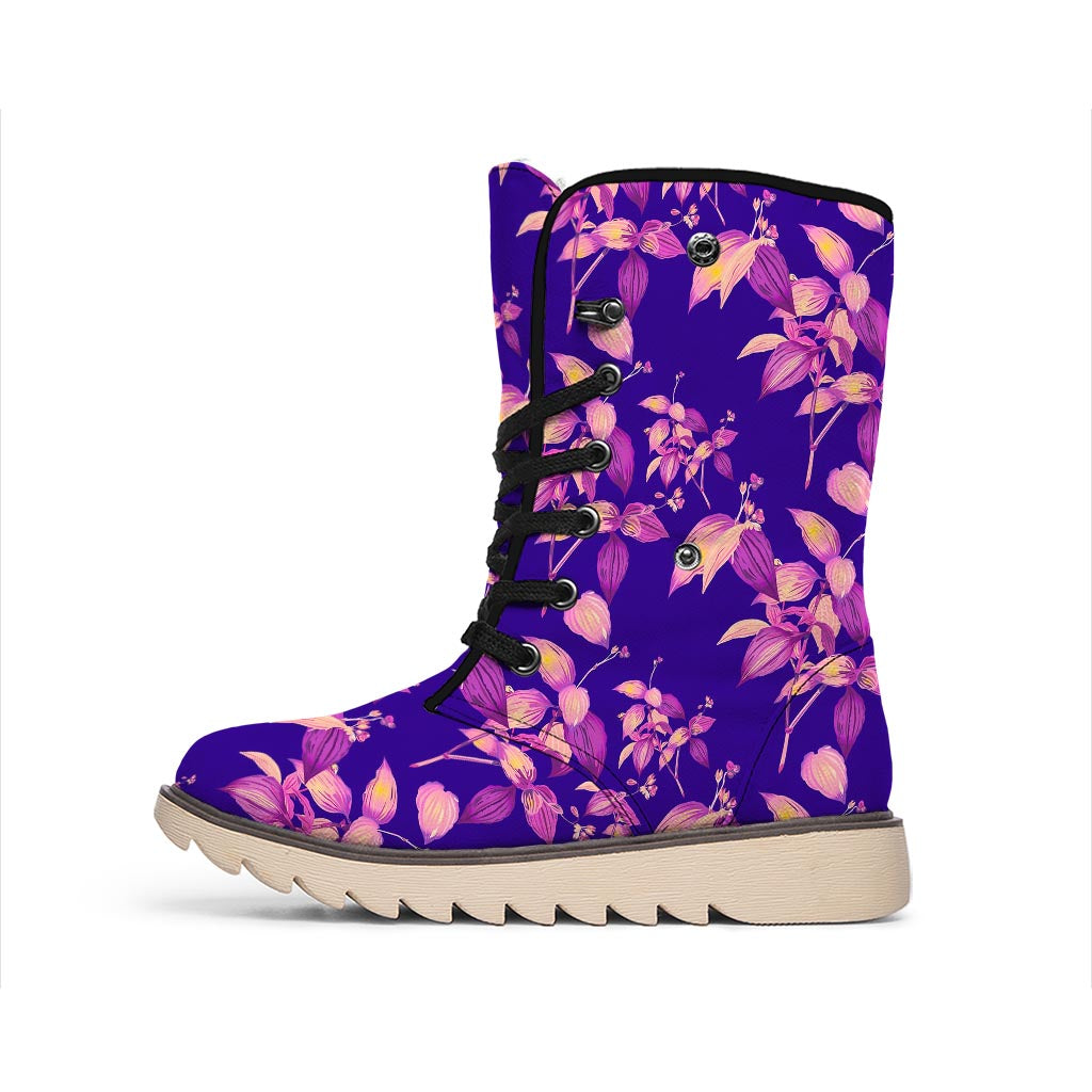 Purple Tropical Hawaiian Pattern Print Winter Boots