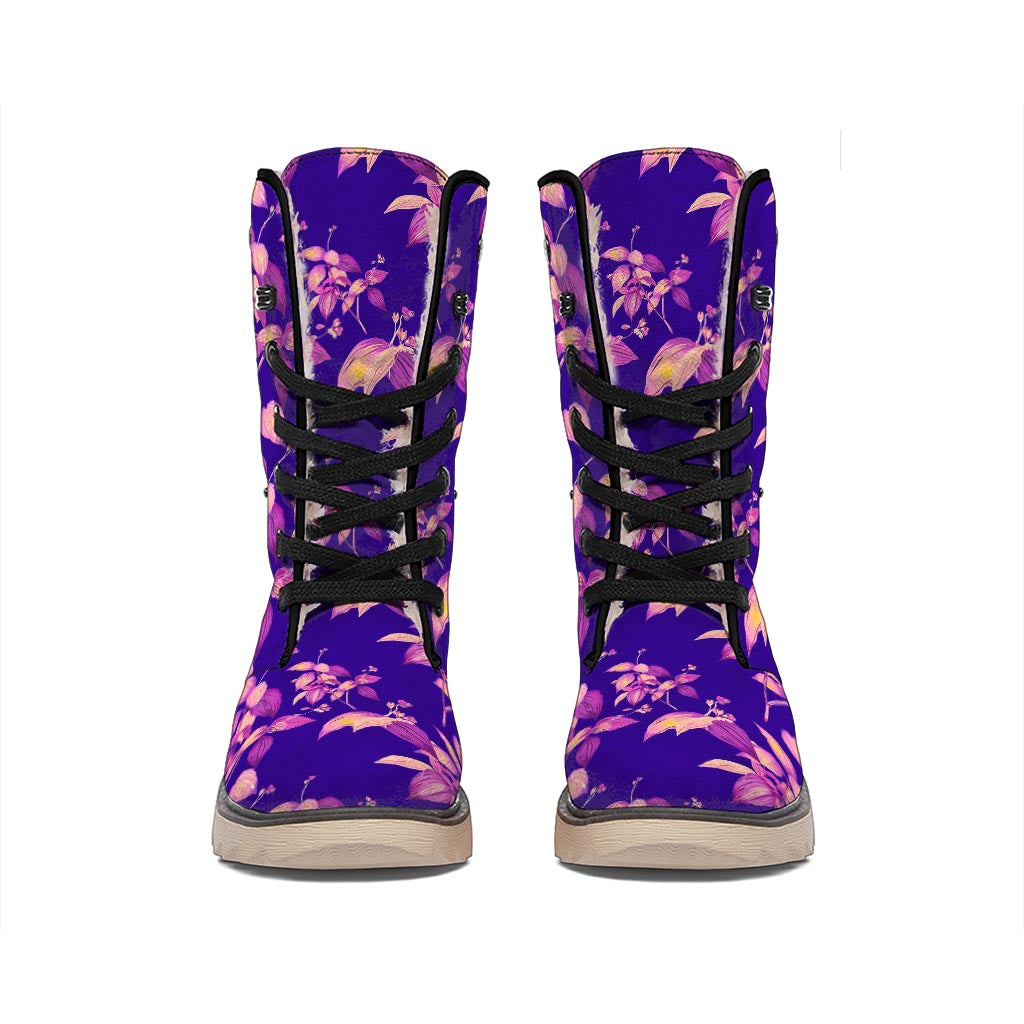 Purple Tropical Hawaiian Pattern Print Winter Boots