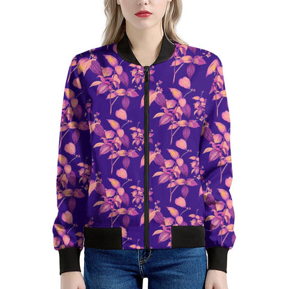 Purple Tropical Hawaiian Pattern Print Women's Bomber Jacket