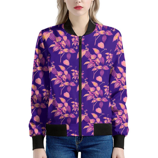 Purple Tropical Hawaiian Pattern Print Women's Bomber Jacket