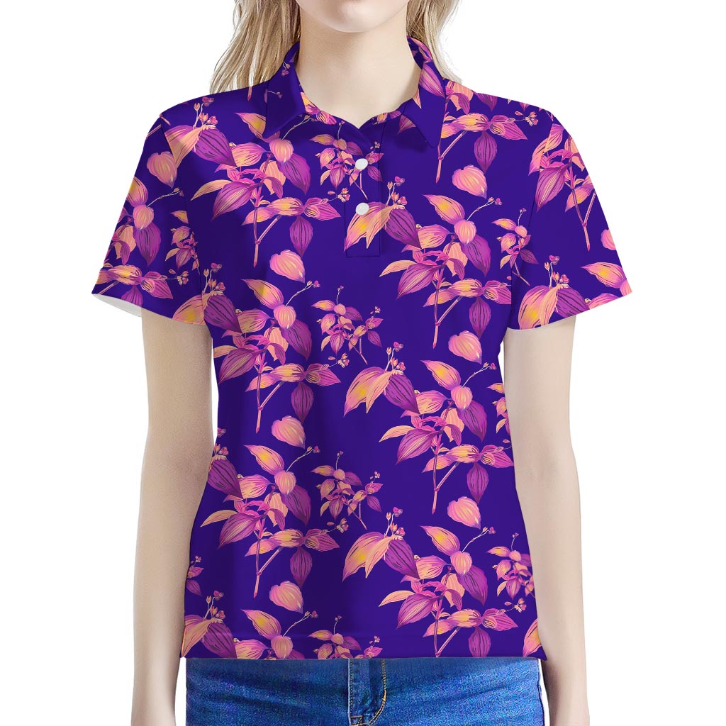Purple Tropical Hawaiian Pattern Print Women's Polo Shirt