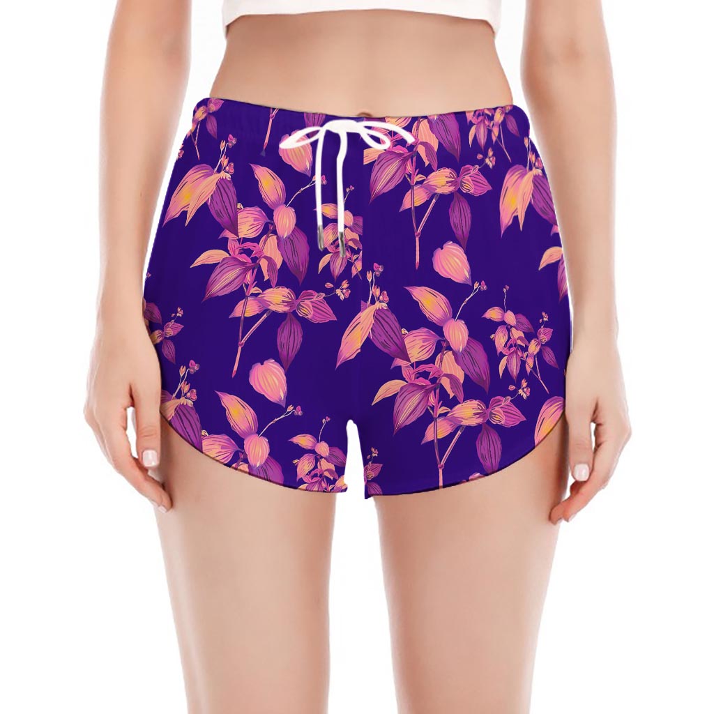 Purple Tropical Hawaiian Pattern Print Women's Split Running Shorts