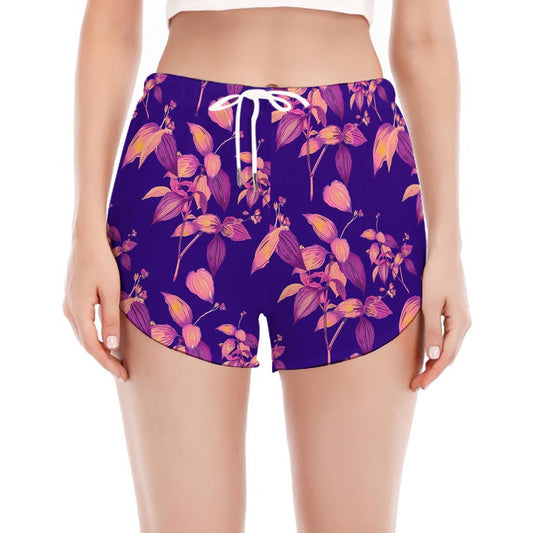 Purple Tropical Hawaiian Pattern Print Women's Split Running Shorts