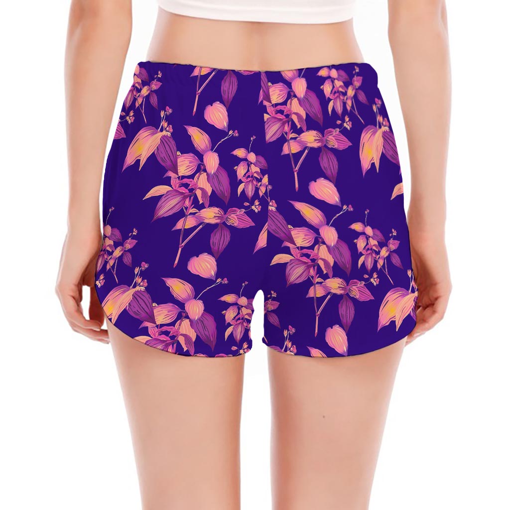 Purple Tropical Hawaiian Pattern Print Women's Split Running Shorts