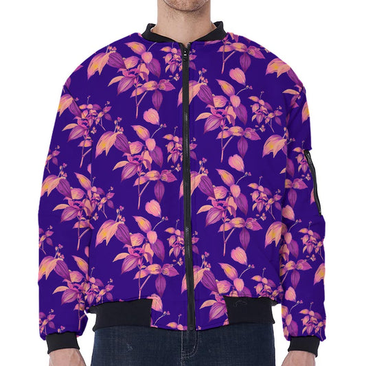 Purple Tropical Hawaiian Pattern Print Zip Sleeve Bomber Jacket