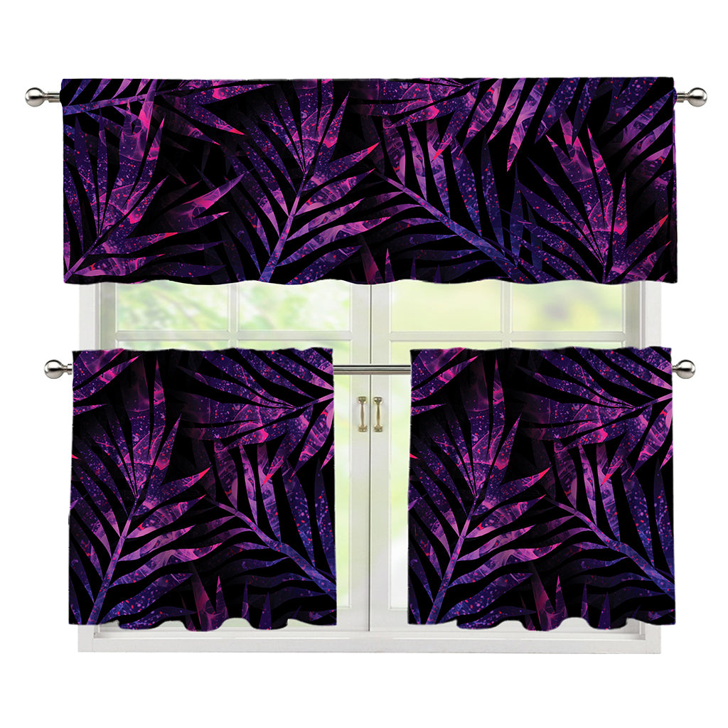 Purple Tropical Leaves Print 3 Piece Kitchen Curtains