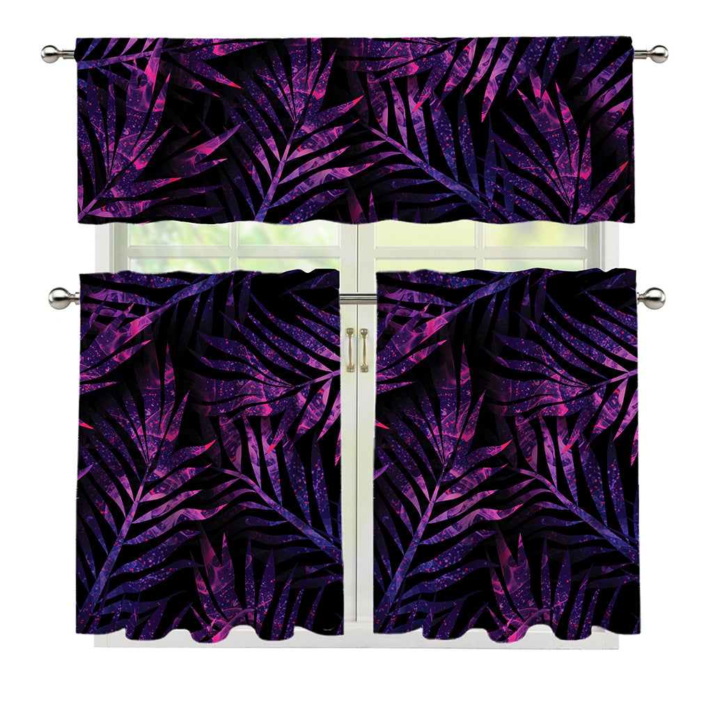 Purple Tropical Leaves Print 3 Piece Kitchen Curtains