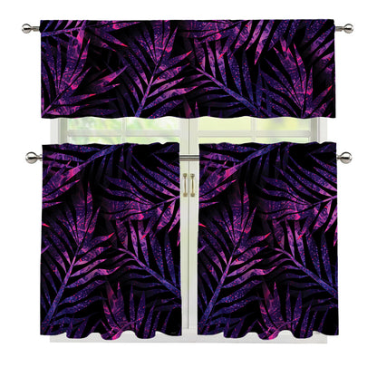 Purple Tropical Leaves Print 3 Piece Kitchen Curtains