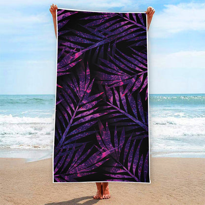 Purple Tropical Leaves Print Beach Towel