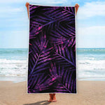 Purple Tropical Leaves Print Beach Towel