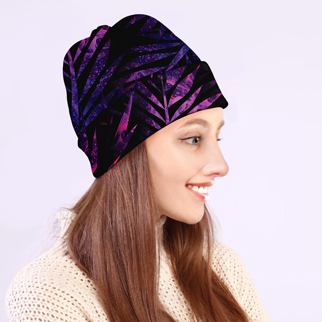 Purple Tropical Leaves Print Beanie