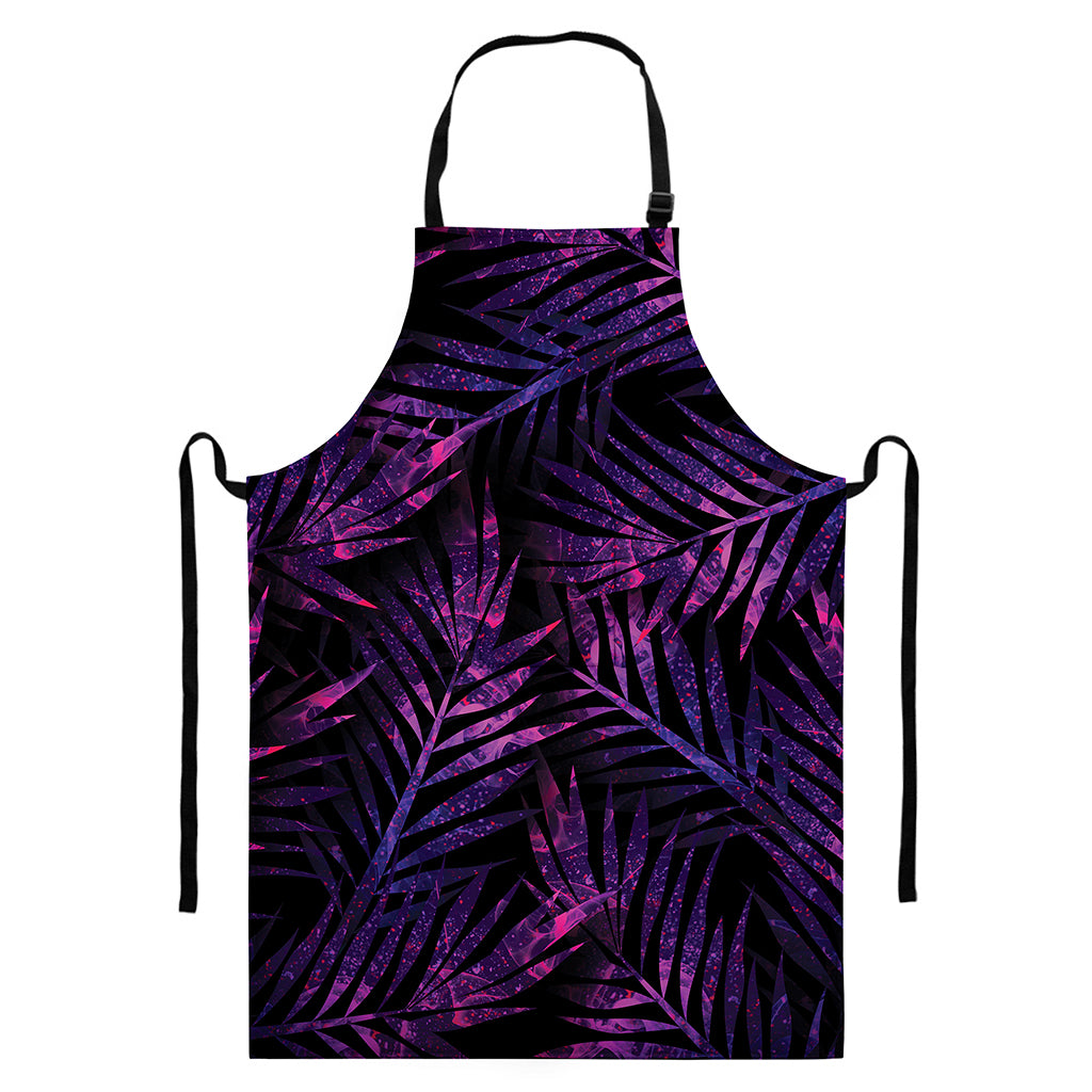 Purple Tropical Leaves Print Bib Apron With Pocket