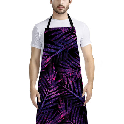Purple Tropical Leaves Print Bib Apron With Pocket