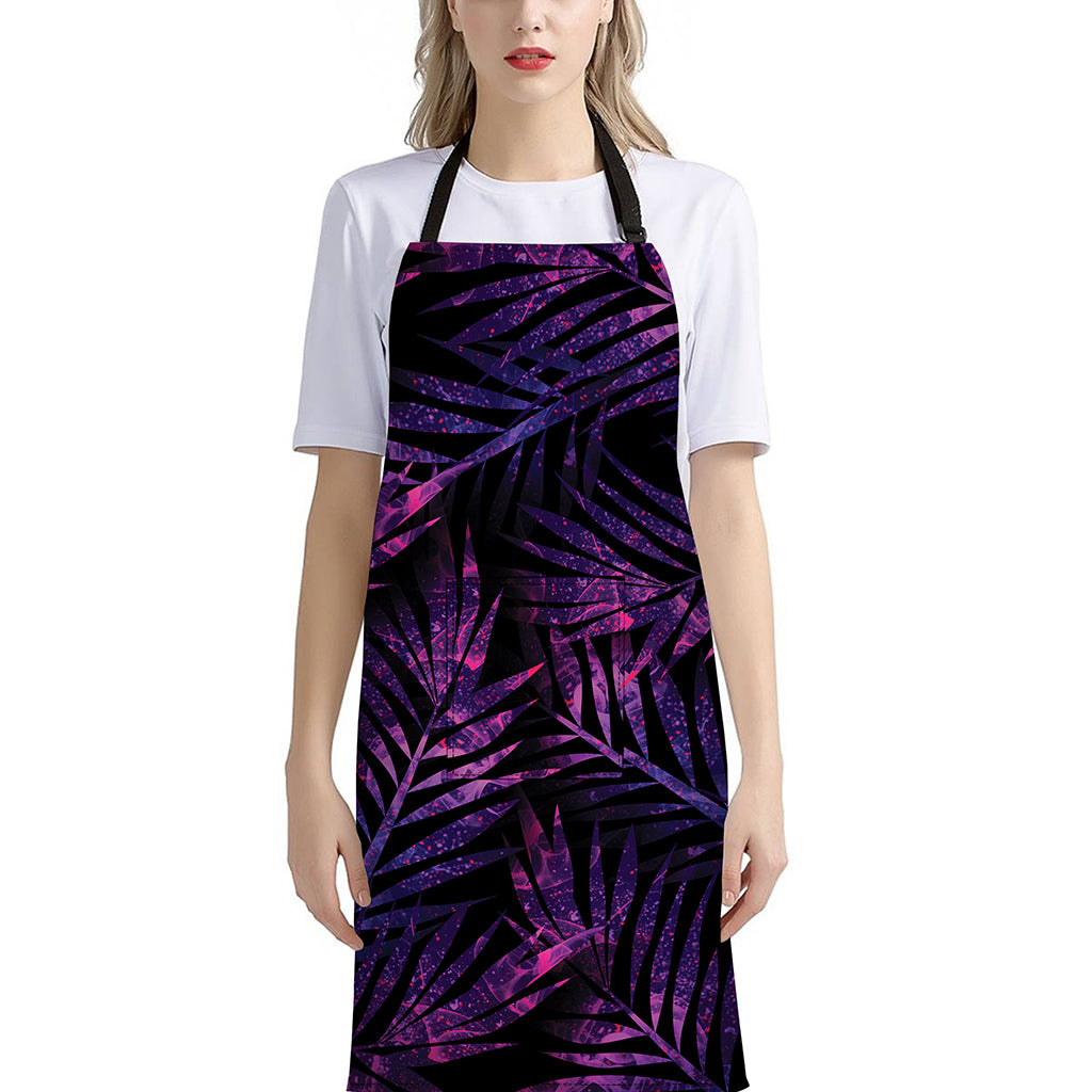 Purple Tropical Leaves Print Bib Apron With Pocket