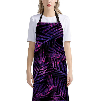 Purple Tropical Leaves Print Bib Apron With Pocket