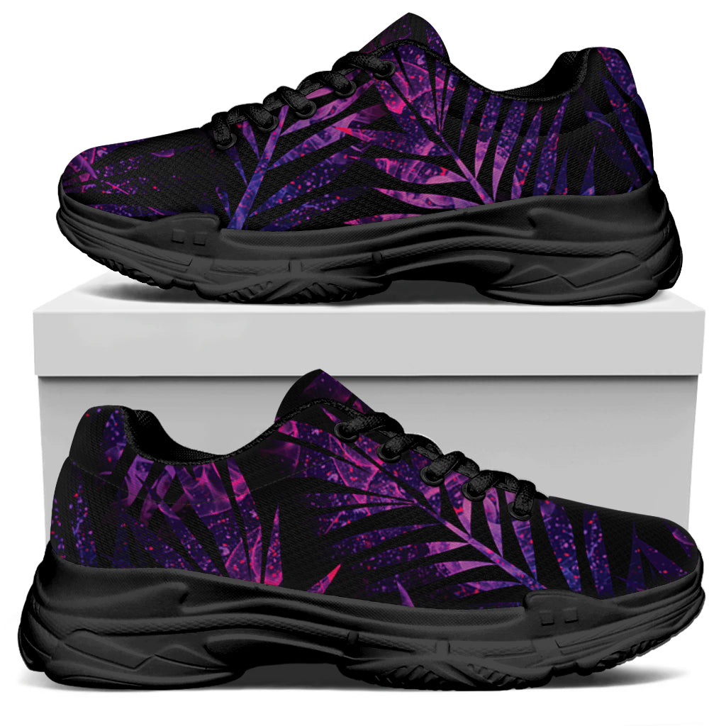 Purple Tropical Leaves Print Black Chunky Shoes