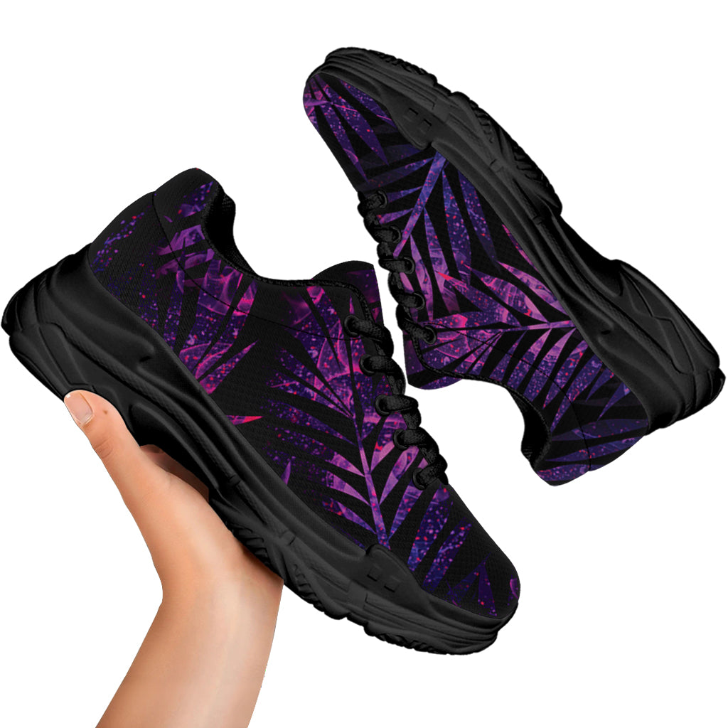 Purple Tropical Leaves Print Black Chunky Shoes