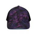 Purple Tropical Leaves Print Black Mesh Trucker Hat