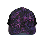 Purple Tropical Leaves Print Black Mesh Trucker Cap