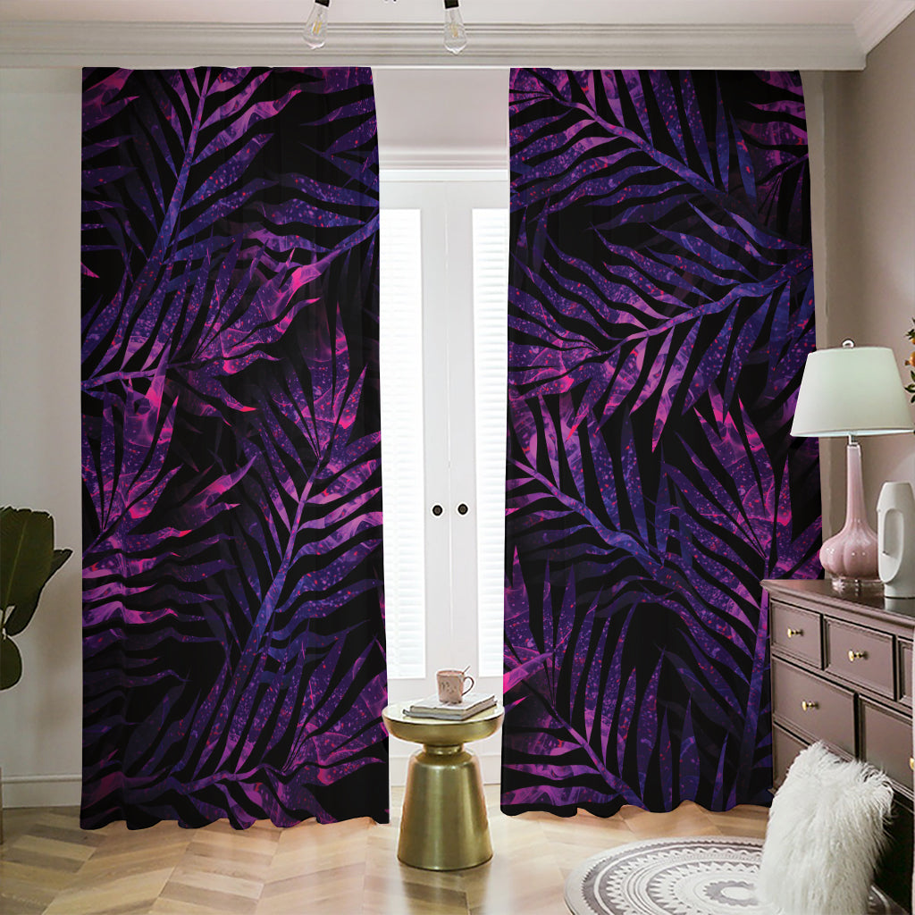 Purple Tropical Leaves Print Blackout Pencil Pleat Curtains