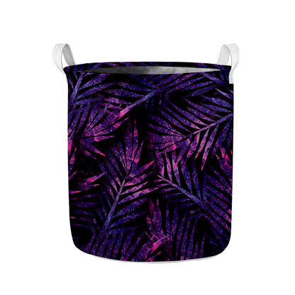 Purple Tropical Leaves Print Collapsible Laundry Basket