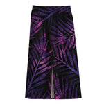 Purple Tropical Leaves Print Cotton Front Slit Maxi Skirt