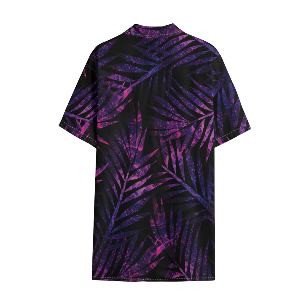 Purple Tropical Leaves Print Cotton Hawaiian Shirt