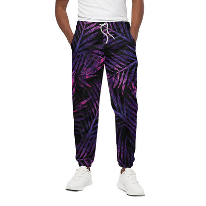 Purple Tropical Leaves Print Cotton Pants