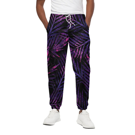 Purple Tropical Leaves Print Cotton Pants
