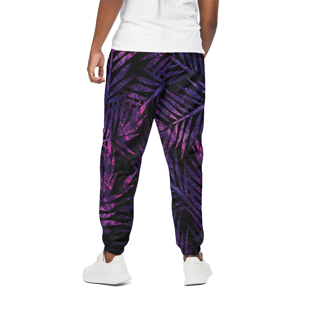 Purple Tropical Leaves Print Cotton Pants